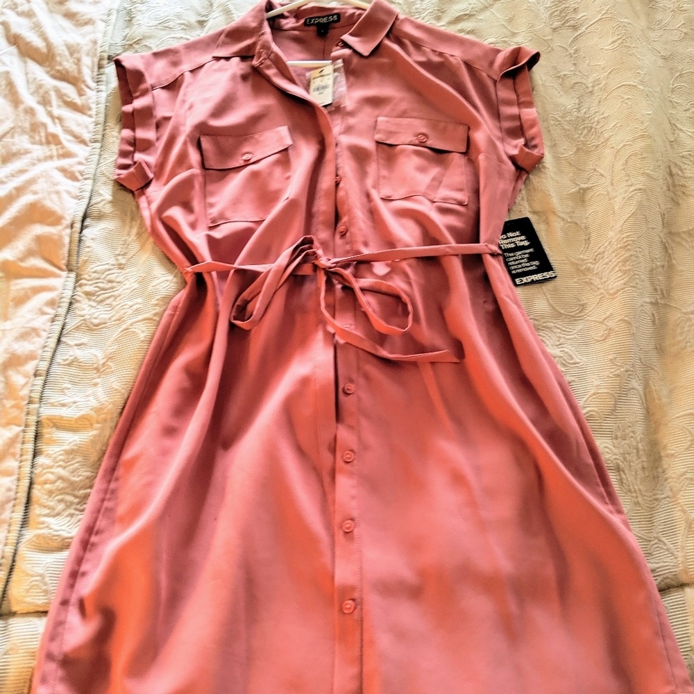 Blush colored tie front shirt dress
